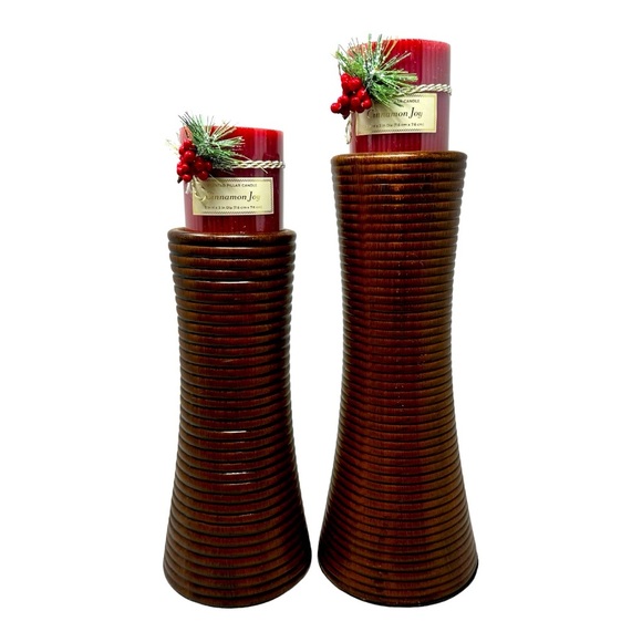 2 Brown Ribbed Ceramic Silo/Tower Candle Holders - Picture 1 of 4